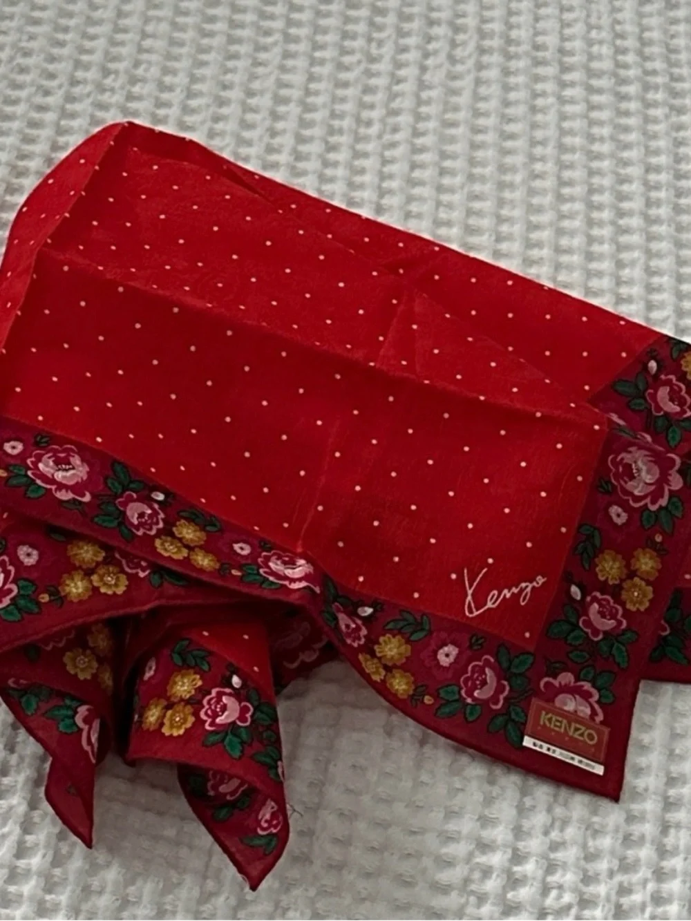 KENZO Red Floral Border Silk Scarf